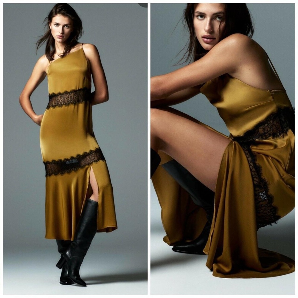 Elegant Zara Gold Slip Dress with Black Lace, size M